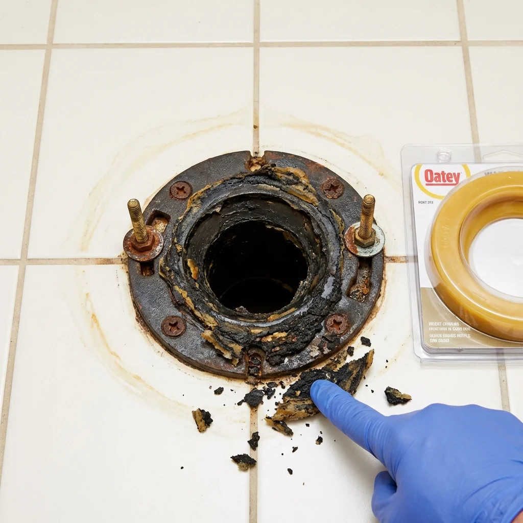 Failed wax ring showing water seepage at the base of a toilet in a Clyde, TX home